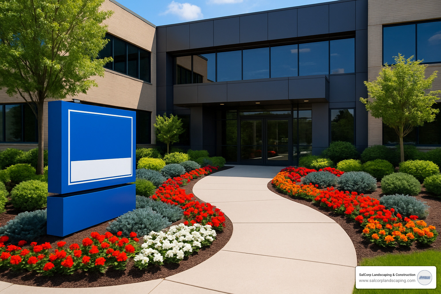 branded commercial landscape entrance with company colors - commercial landscape services