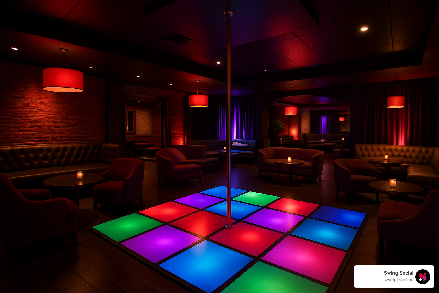 swinger club interior with dance floor and lounge areas - beginners guide to swinger events