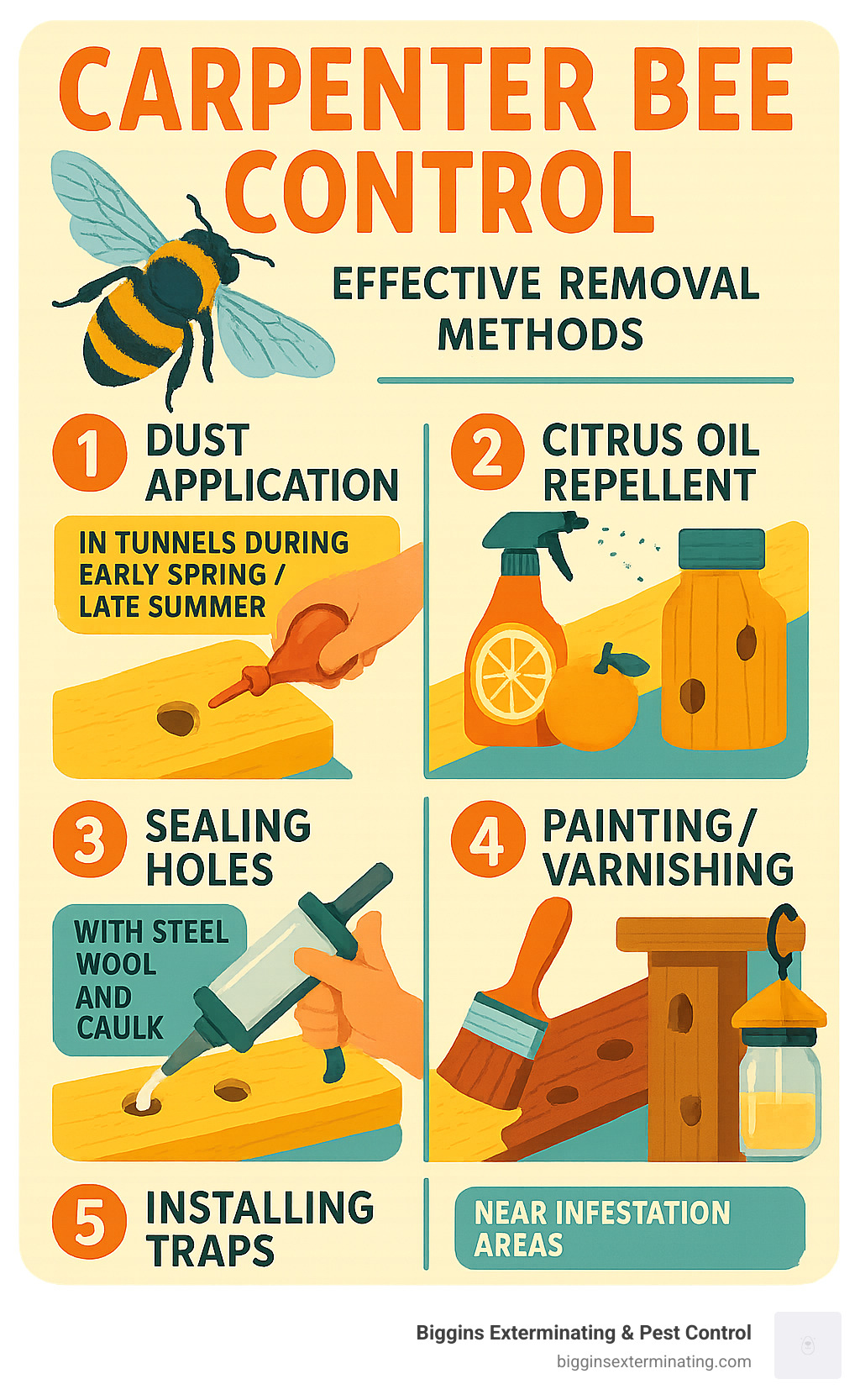 Carpenter bee control infographic showing 5 effective removal methods: 1) Dust application in tunnels during early spring/late summer, 2) Natural citrus oil repellent application, 3) Sealing holes with steel wool and caulk after treatment, 4) Painting/varnishing wood surfaces for prevention, and 5) Installing carpenter bee traps near infestation areas - how to get rid of wood boring bees infographic