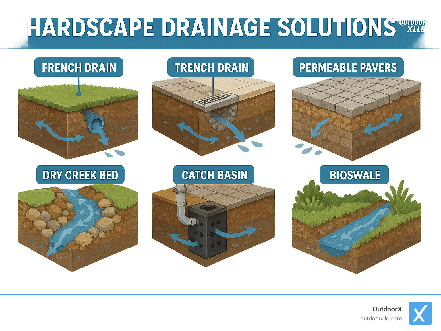 Comprehensive diagram showing different hardscape drainage solutions including French drains, trench drains, permeable pavers, dry creek beds, catch basins, and bioswales, with water flow patterns and installation depths indicated - Hardscape drainage solutions infographic 