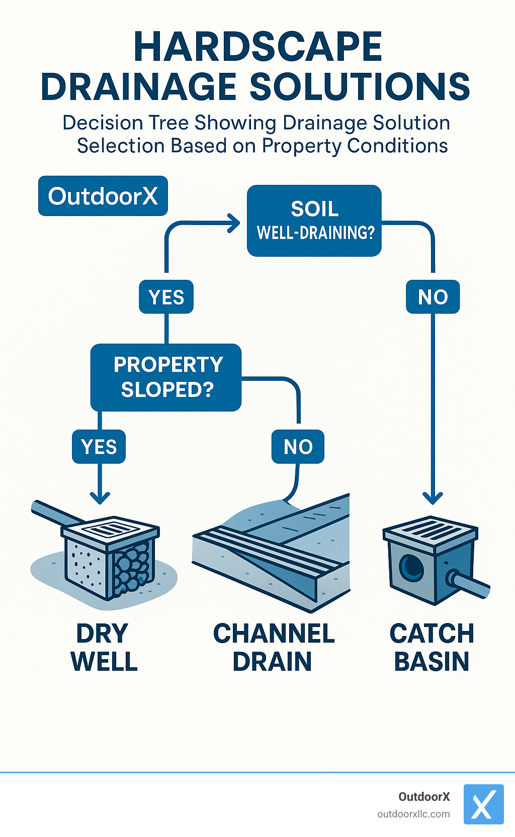 Decision tree showing drainage solution selection based on property conditions - Hardscape drainage solutions infographic 