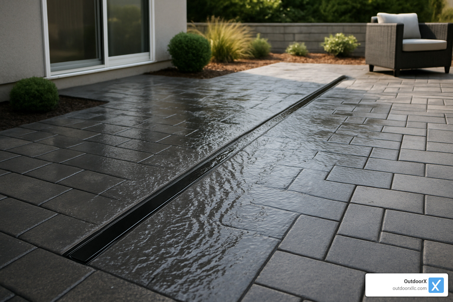 sleek slot drain across pavers - Hardscape drainage solutions