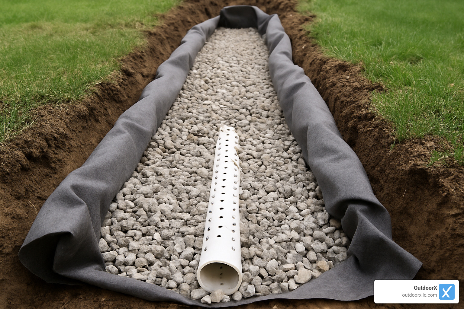 French drain installation showing perforated pipe surrounded by gravel - Hardscape drainage solutions