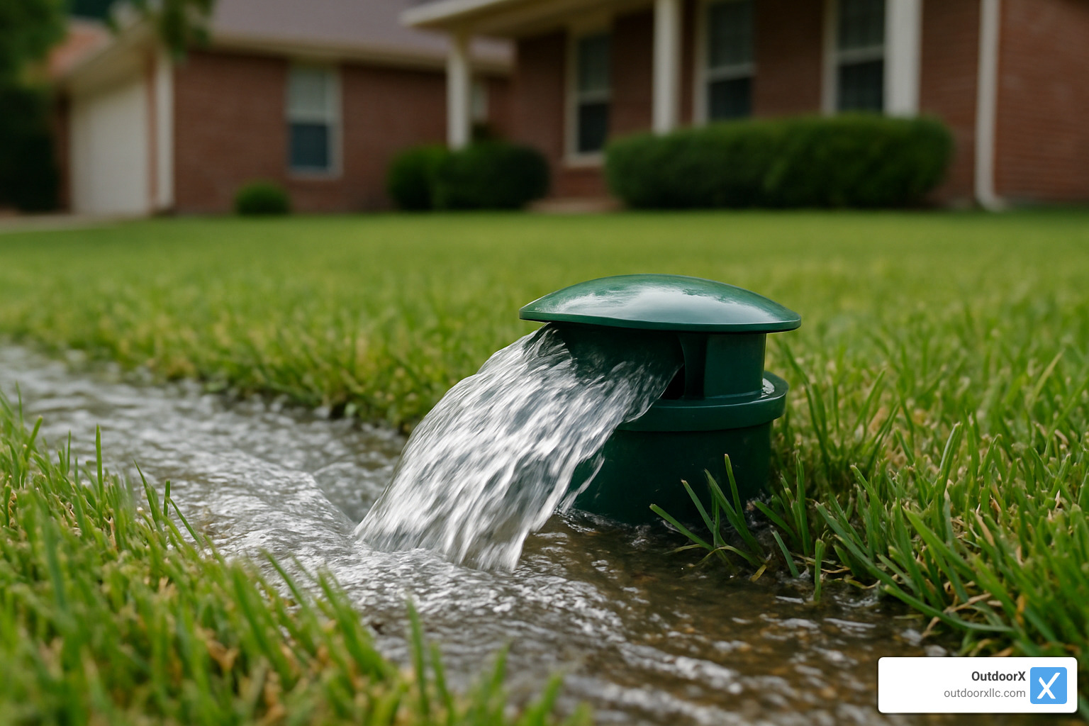 pop-up emitter releasing water into lawn - Hardscape drainage solutions
