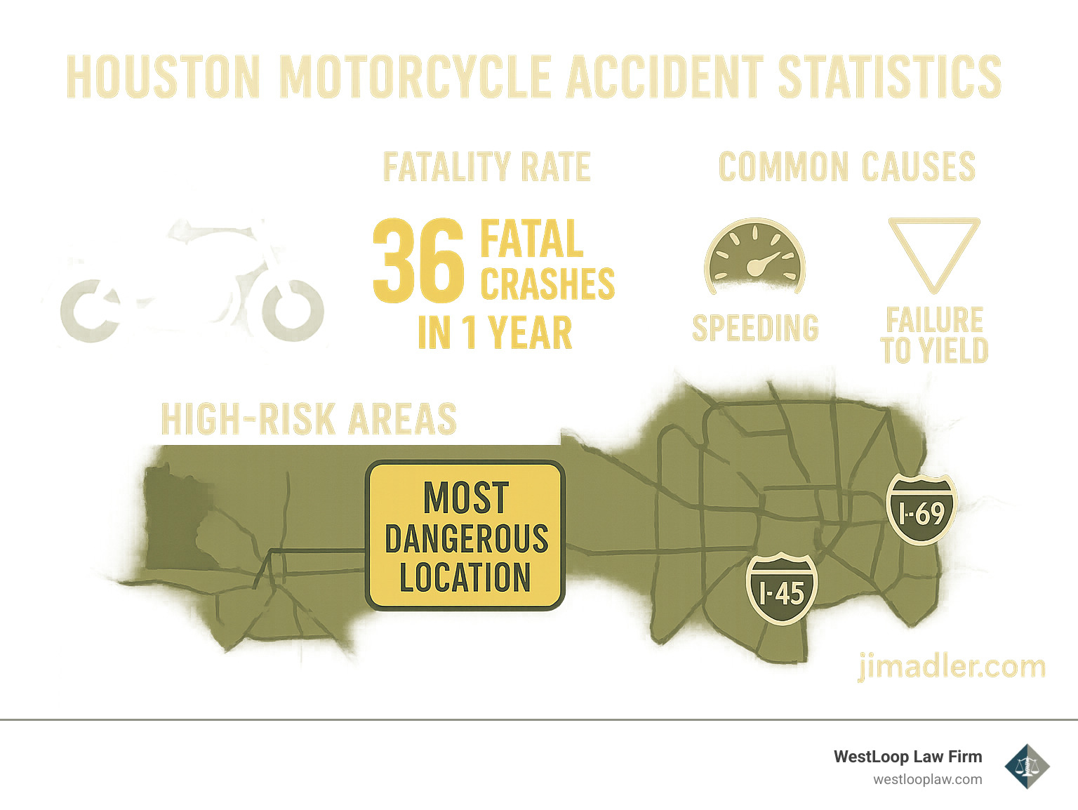 Houston motorcycle accident statistics showing fatality rates, common causes, and high-risk areas with I-45/I-69 interchange highlighted as the most dangerous location - houston motorcycle accidents infographic 