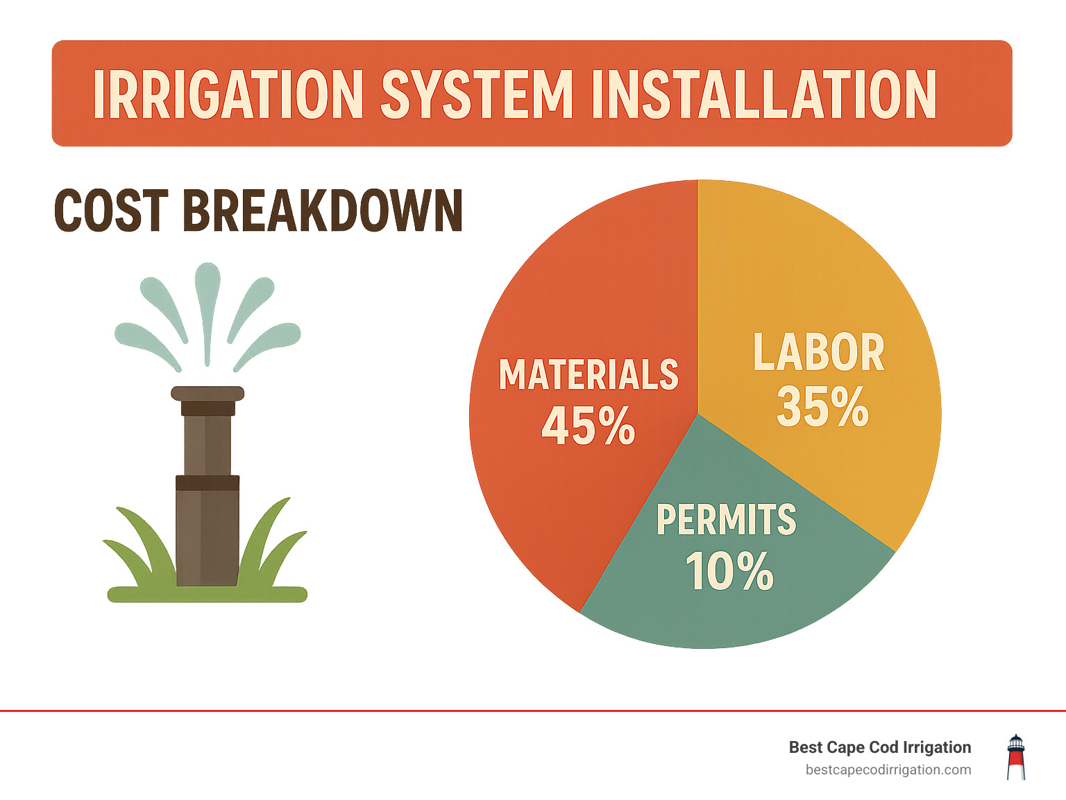 Cost breakdown pie chart showing percentages for materials, labor, permits, and maintenance - irrigation system installation infographic 