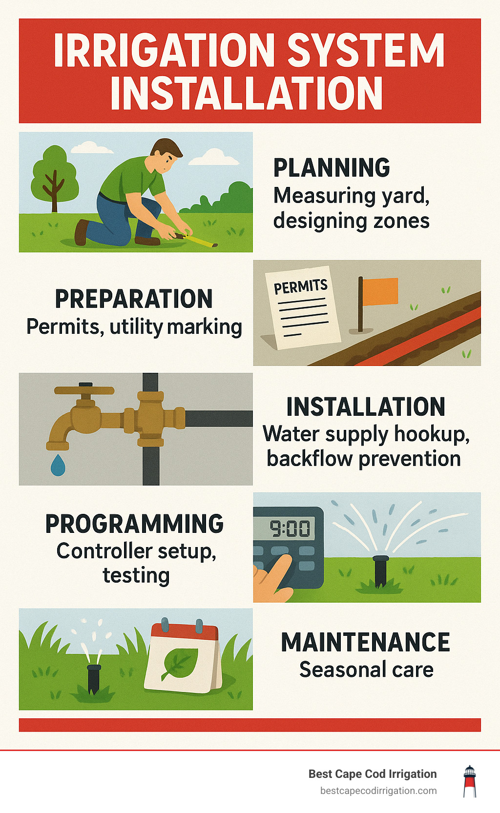 Detailed infographic showing the 6 steps of irrigation system installation: Planning (measuring yard, designing zones), Preparation (permits, utility marking), Installation (trenching, pipe laying), Connection (water supply hookup, backflow prevention), Programming (controller setup, testing), and Maintenance (seasonal care) - irrigation system installation infographic 