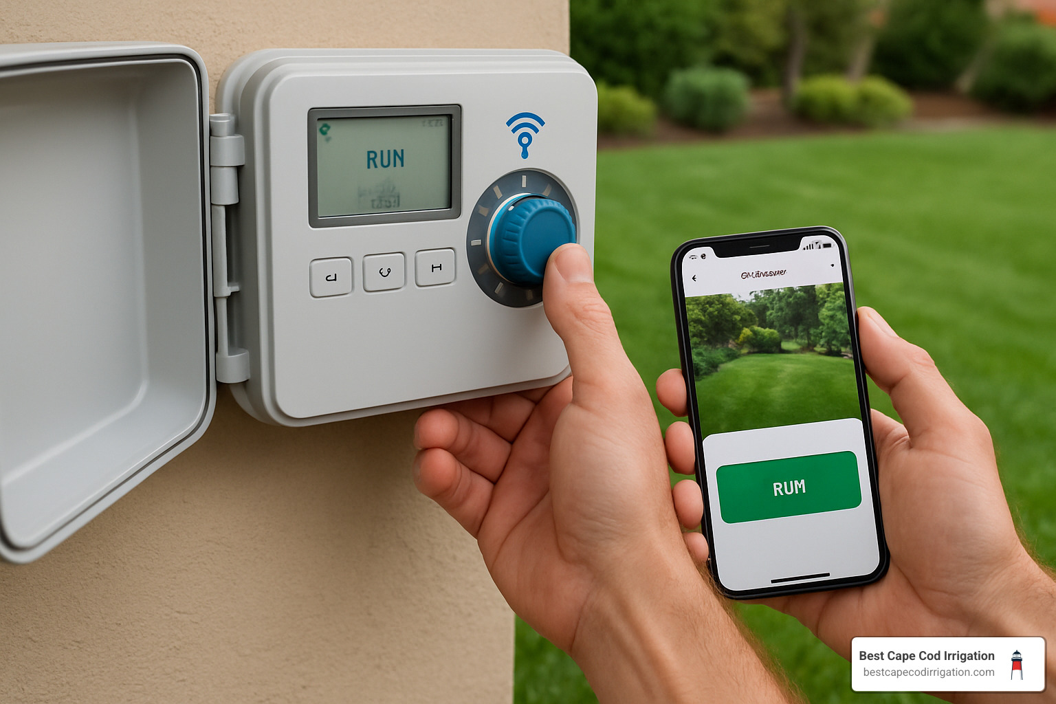Smart irrigation controller being adjusted on smartphone - irrigation system installation
