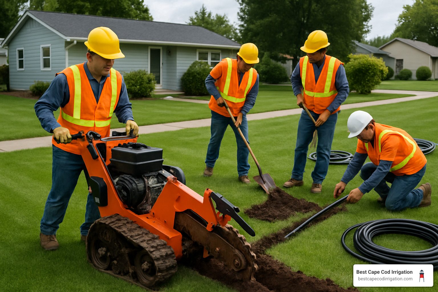 Professional irrigation crew trenching a lawn - irrigation system installation