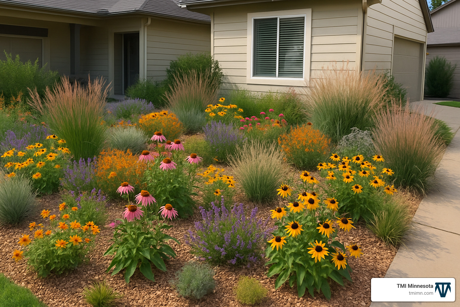 drought-resistant front yard with colorful perennials and ornamental grasses - drought-resistant landscaping