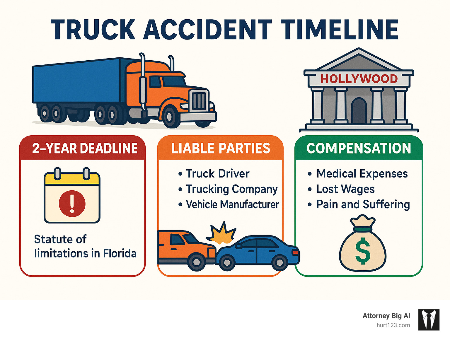 Truck accident timeline showing key deadlines, liable parties, and compensation types in Florida truck accident cases, with special emphasis on Hollywood's local courts and the recent change to a 2-year statute of limitations - hollywood truck accident attorney infographic 