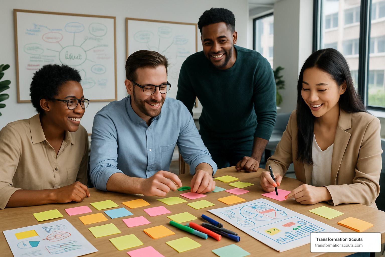 Post-it notes and visual thinking tools in a creative workshop - business innovation consulting
