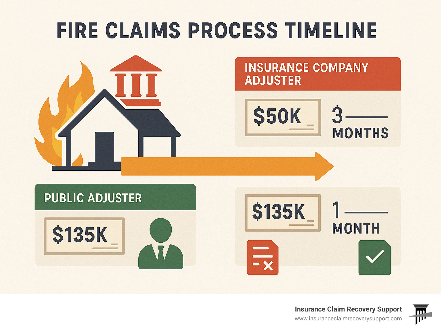 Fire claims process timeline showing insurance company adjuster vs public adjuster outcomes, with settlement amounts, timeframes, and claim documentation requirements for fire damage claims - fire claims public adjuster infographic