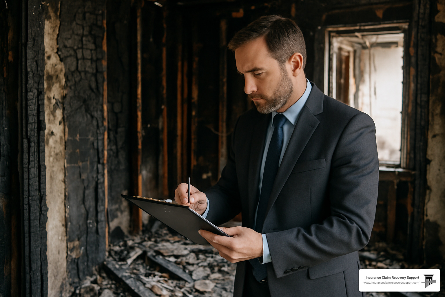 Public adjuster inspecting fire damage in a home - fire claims public adjuster