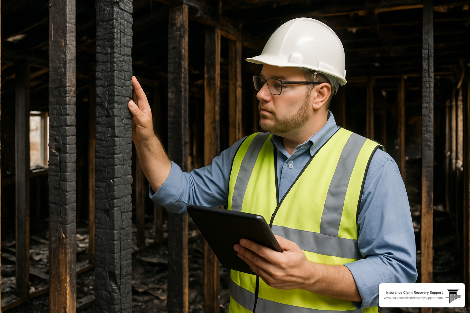 Adjuster inspecting charred framing after house fire - fire claims public adjuster