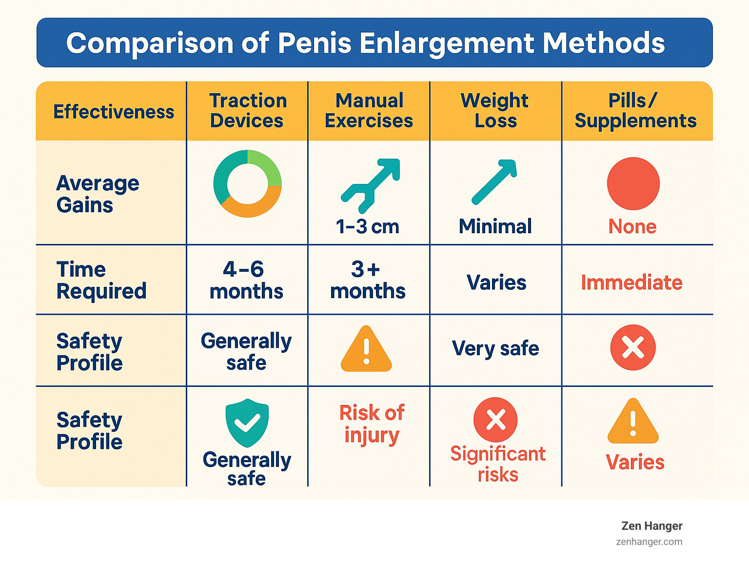 Comparison of penis enlargement methods showing effectiveness rates, average gains, required time, and safety profiles for traction devices, manual exercises, weight loss, surgery, and supplements - increase penis length infographic