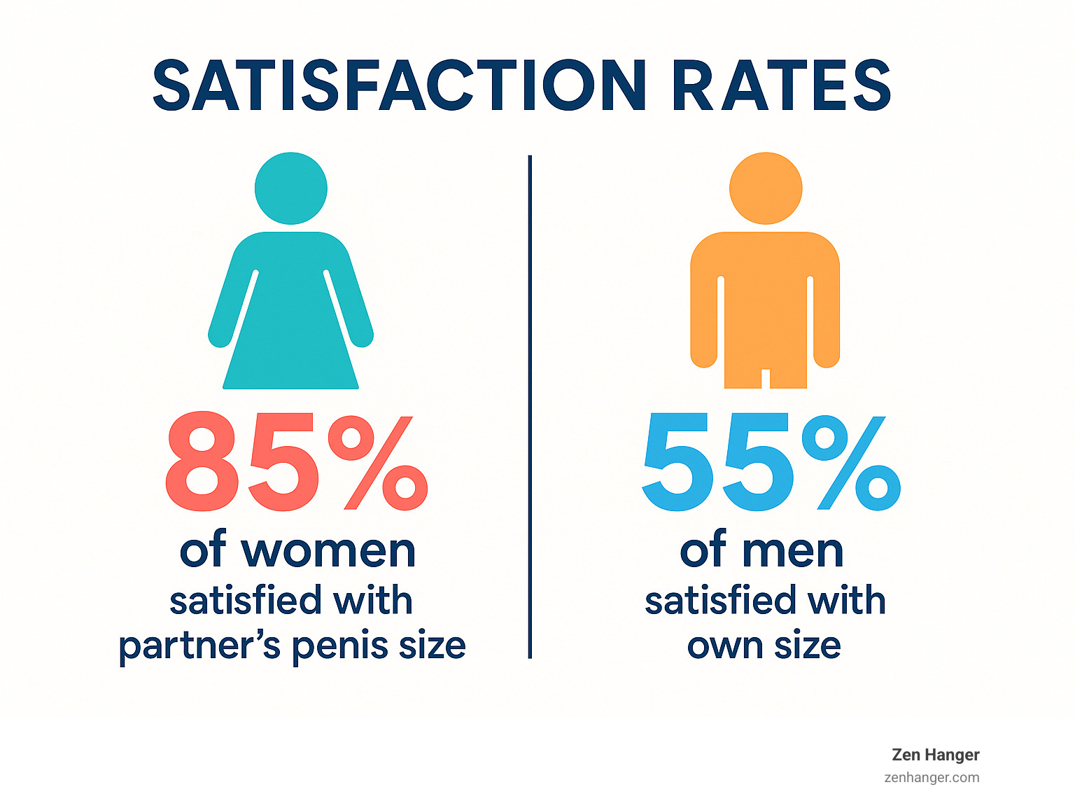 Satisfaction rates showing that 85% of women are satisfied with their partner's penis size compared to only 55% of men being satisfied with their own size - increase penis length infographic