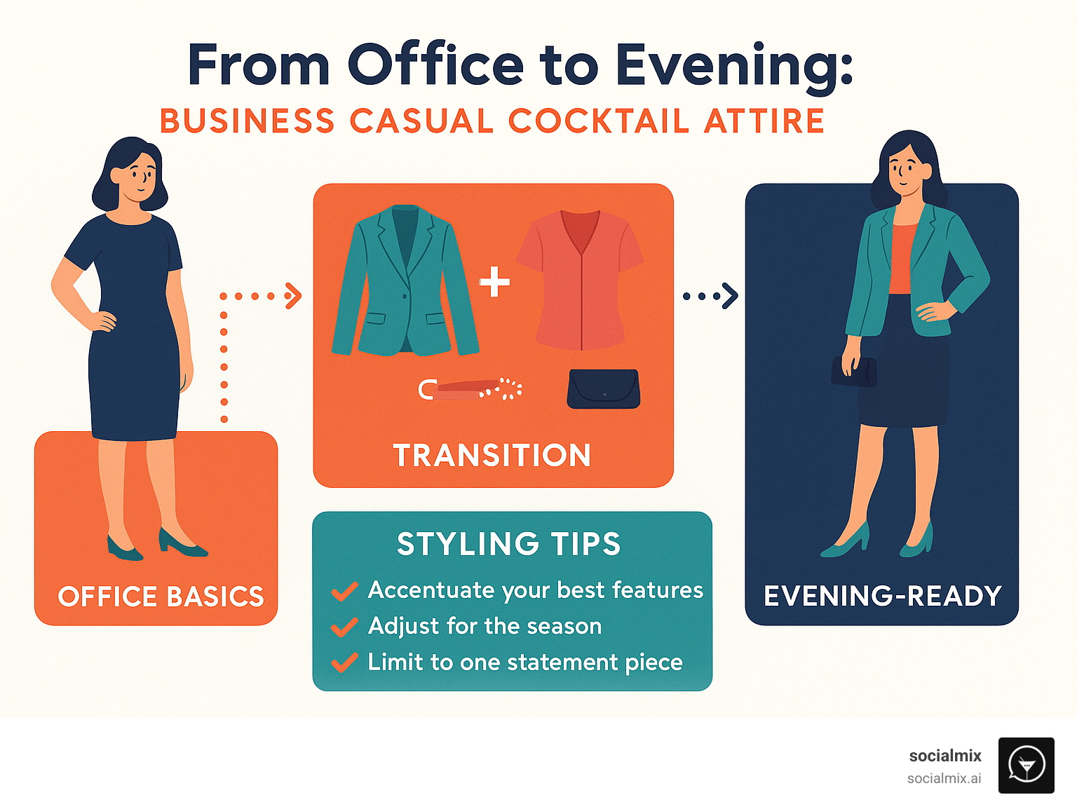 Business casual cocktail attire women infographic showing the progression from office basics to evening-ready outfits, with styling tips for different body types and seasons - business casual cocktail attire women infographic 