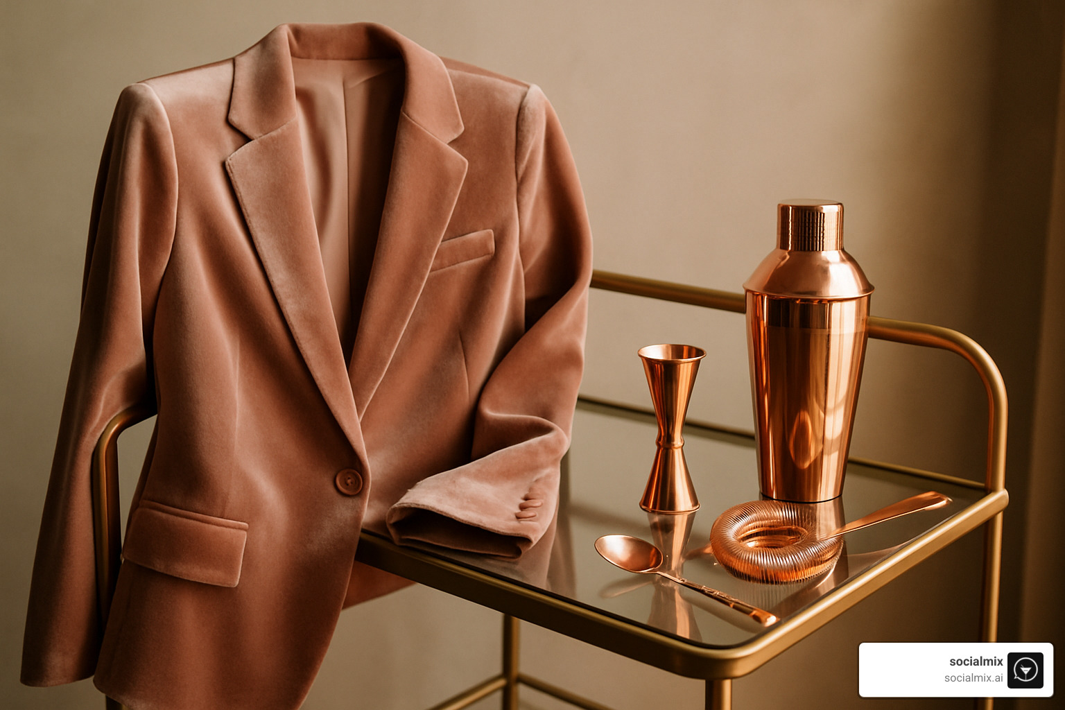 velvet blazer with copper bar tools - business casual cocktail attire women