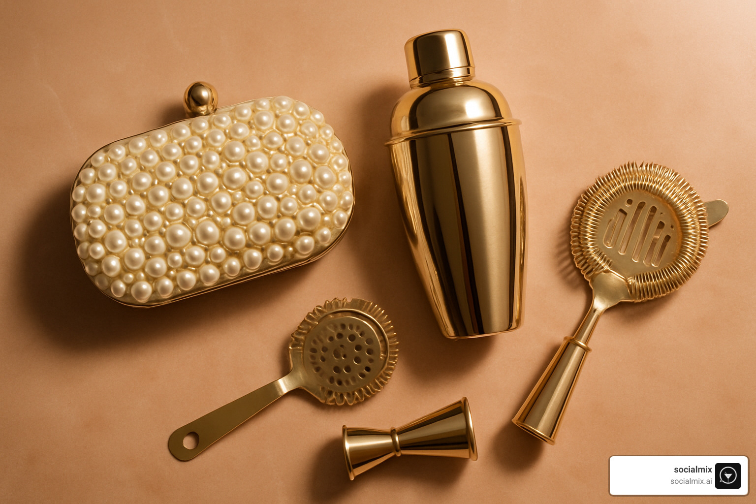 bartender tools with pearl clutch - business casual cocktail attire women