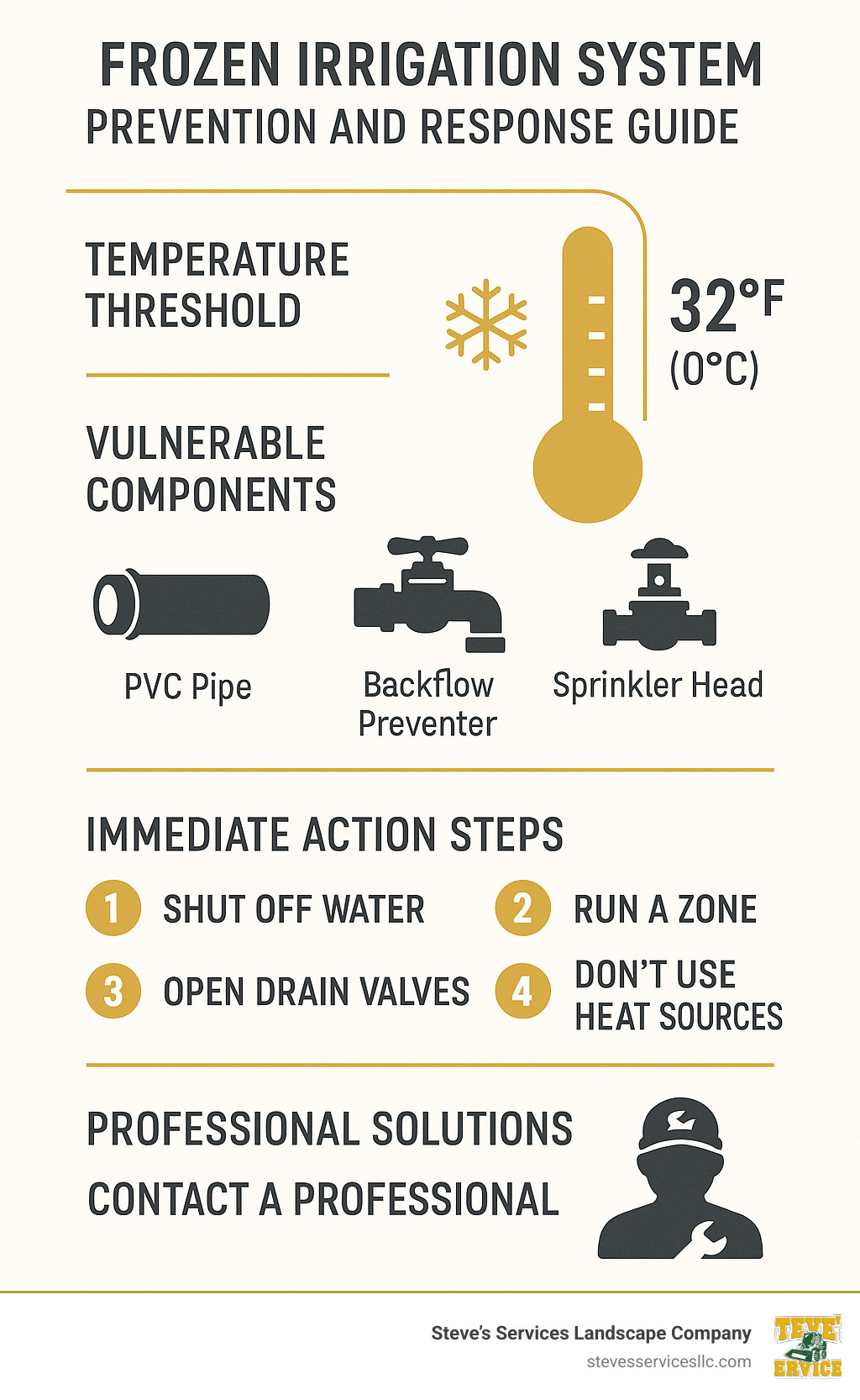 Frozen Irrigation System Prevention and Response Guide showing temperature thresholds for freezing, vulnerable system components, immediate action steps, and professional solutions - frozen irrigation system infographic 