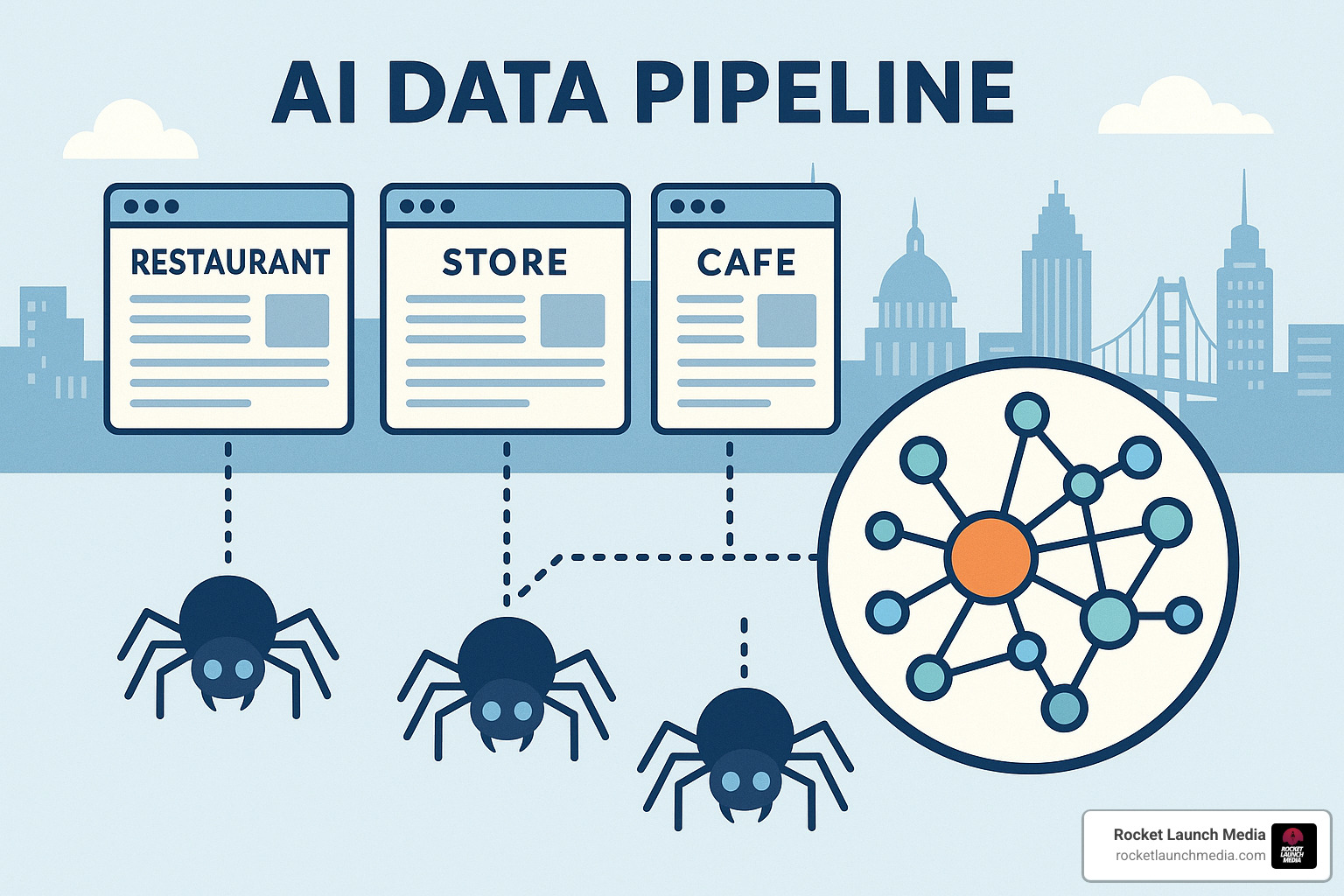 AI data pipeline showing web crawlers feeding into knowledge graphs - Where Do Google Gemini, ChatGPT, and Other AI Models Get Local Business Information?