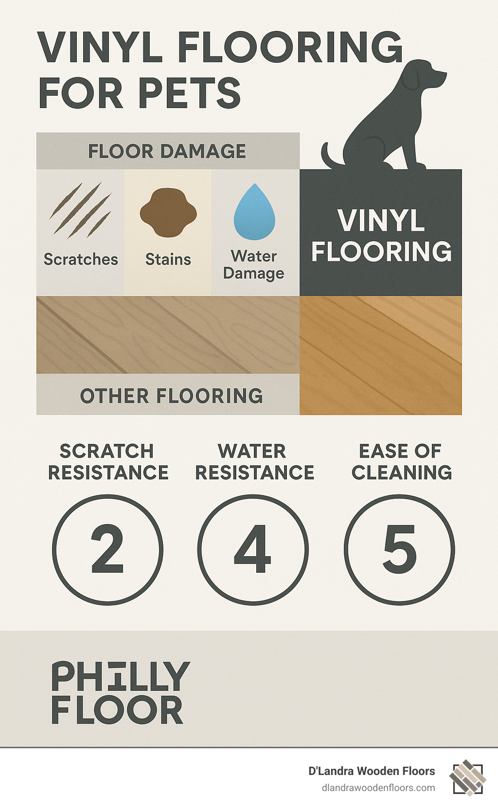 Comparison of pet-related floor damage showing scratches, stains, and water damage on different flooring types versus vinyl flooring's resistance to these issues, with numbered ratings for scratch resistance, water resistance, and ease of cleaning - Vinyl flooring for pets infographic 