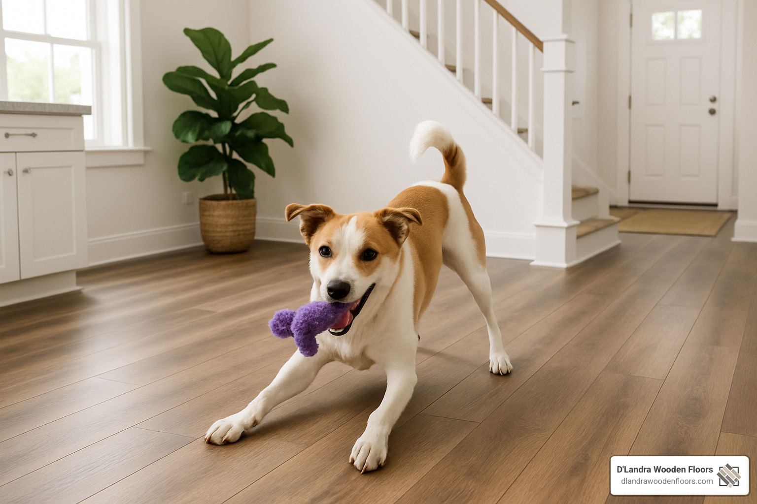 dog playing on vinyl plank flooring - Vinyl flooring for pets