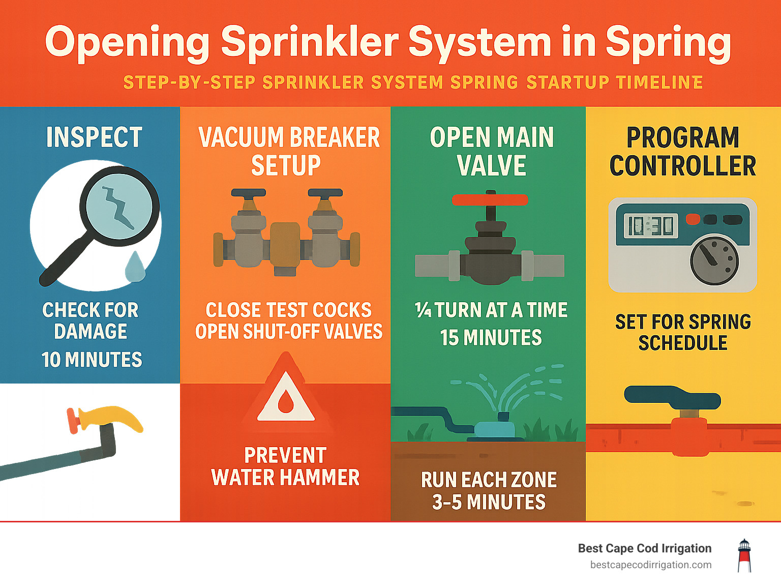 Step-by-step sprinkler system spring startup timeline showing inspection, vacuum breaker setup, main valve opening, zone testing, and controller programming with timing for each step and safety warnings about water hammer prevention - opening sprinkler system in spring infographic 