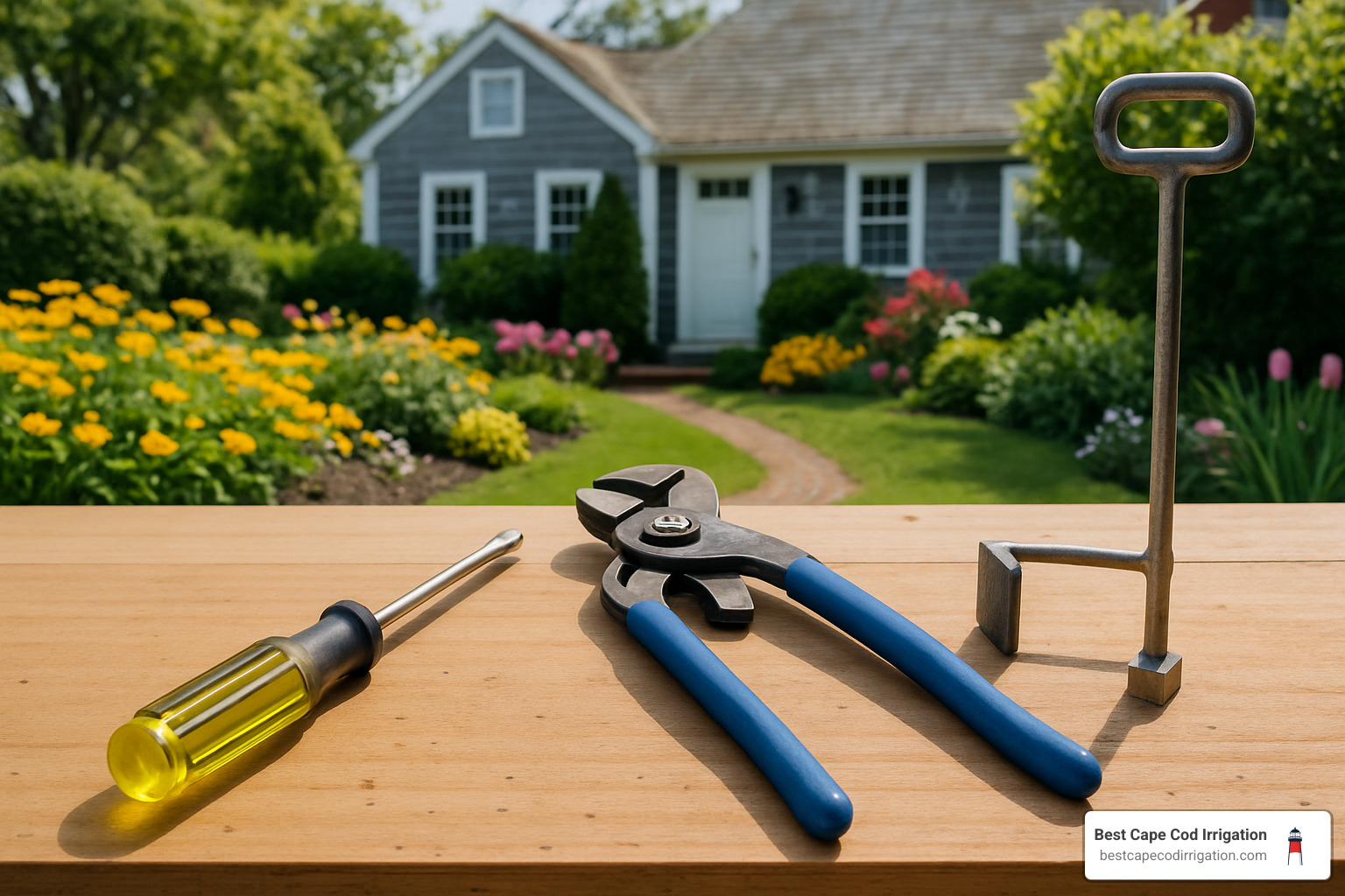 Sprinkler system startup tools on workbench - opening sprinkler system in spring