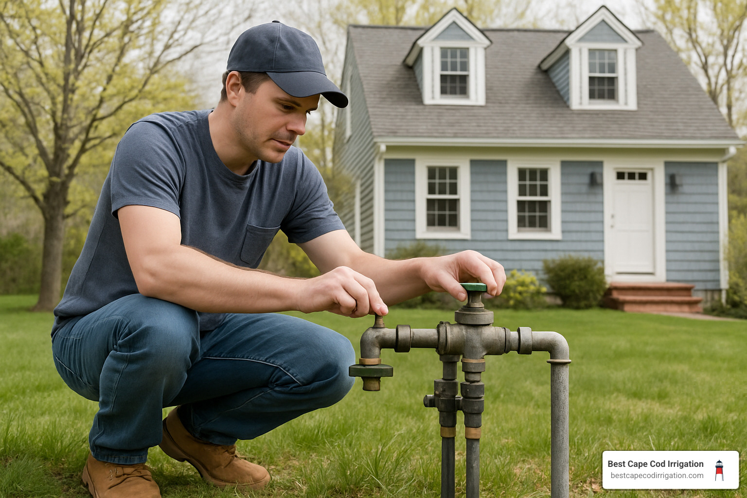 Homeowner carefully turning main sprinkler valve - opening sprinkler system in spring