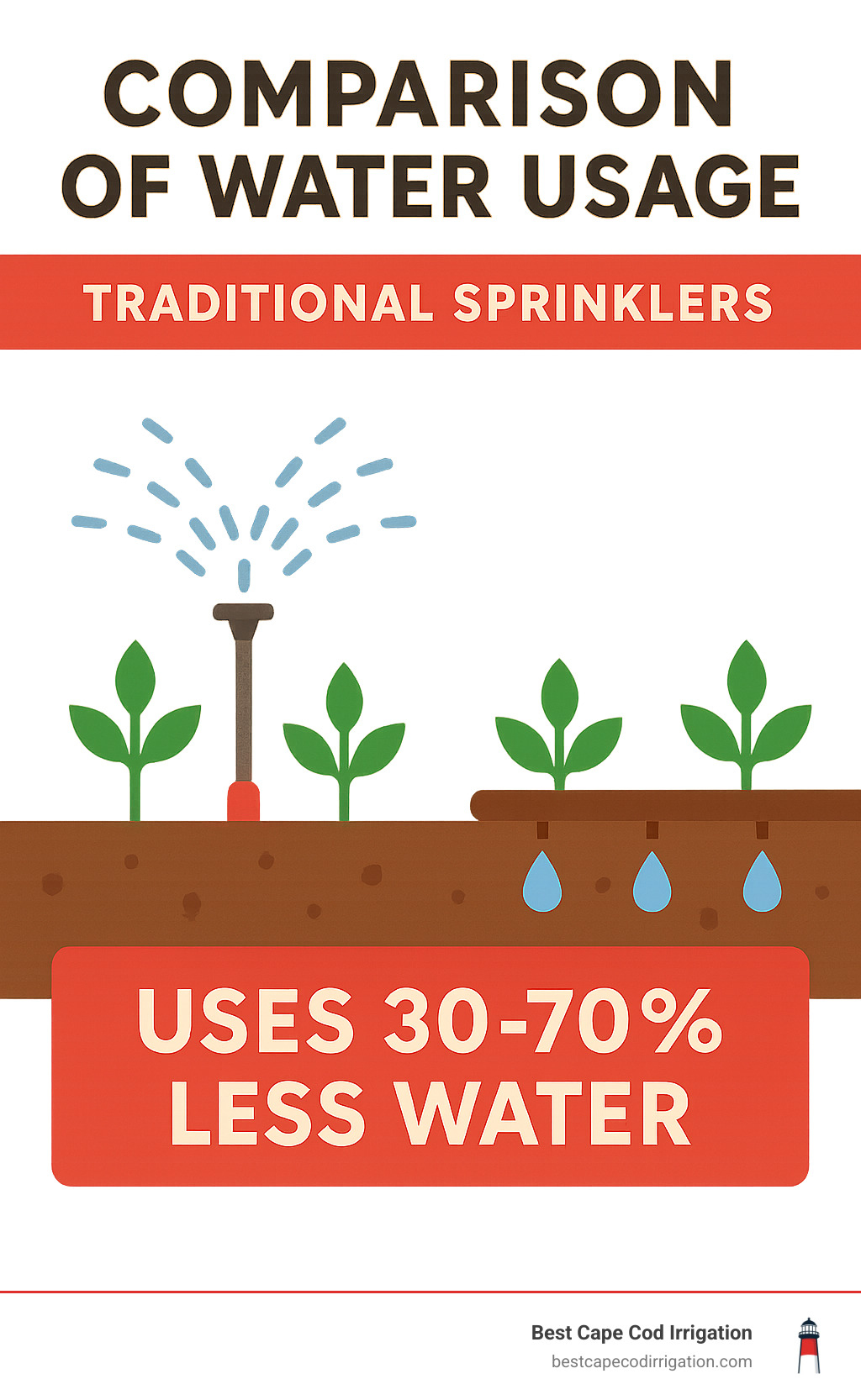 Comparison of water usage between traditional sprinklers and drip irrigation, showing drip systems use 30-70% less water - rain bird drip irrigation system installation infographic Comparison of water usage between traditional sprinklers and drip irrigation, showing drip systems use 30-70% less water - rain bird drip irrigation system installation infographic