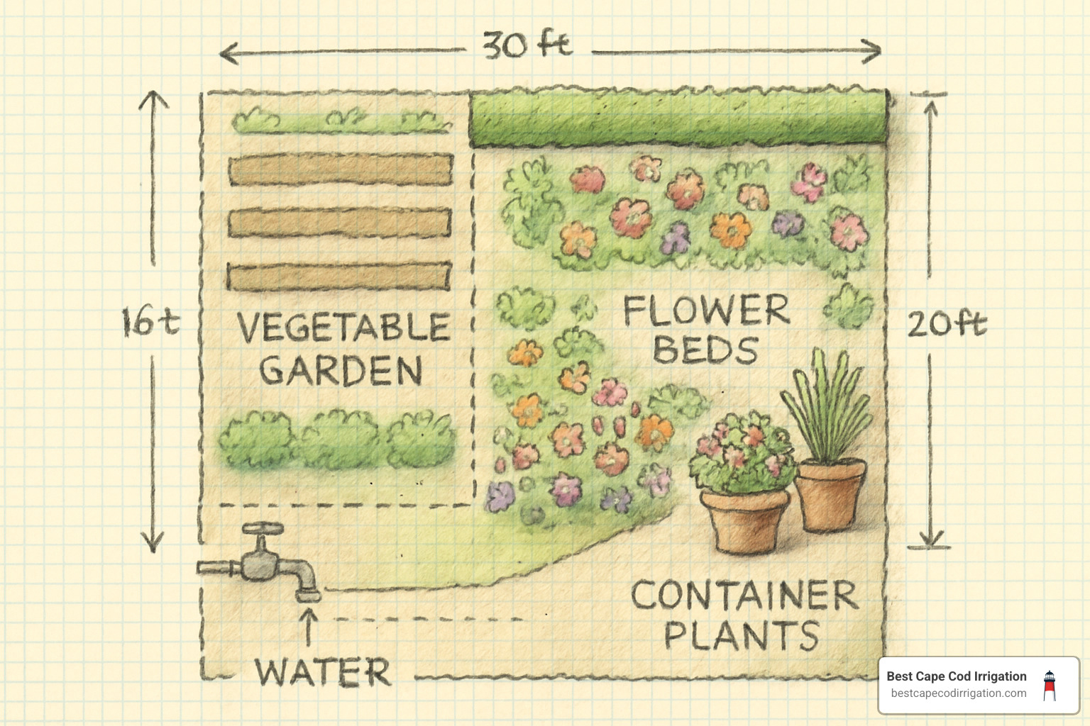 Garden sketch with measurements and plant zones for irrigation planning - rain bird drip irrigation system installation Garden sketch with measurements and plant zones for irrigation planning - rain bird drip irrigation system installation