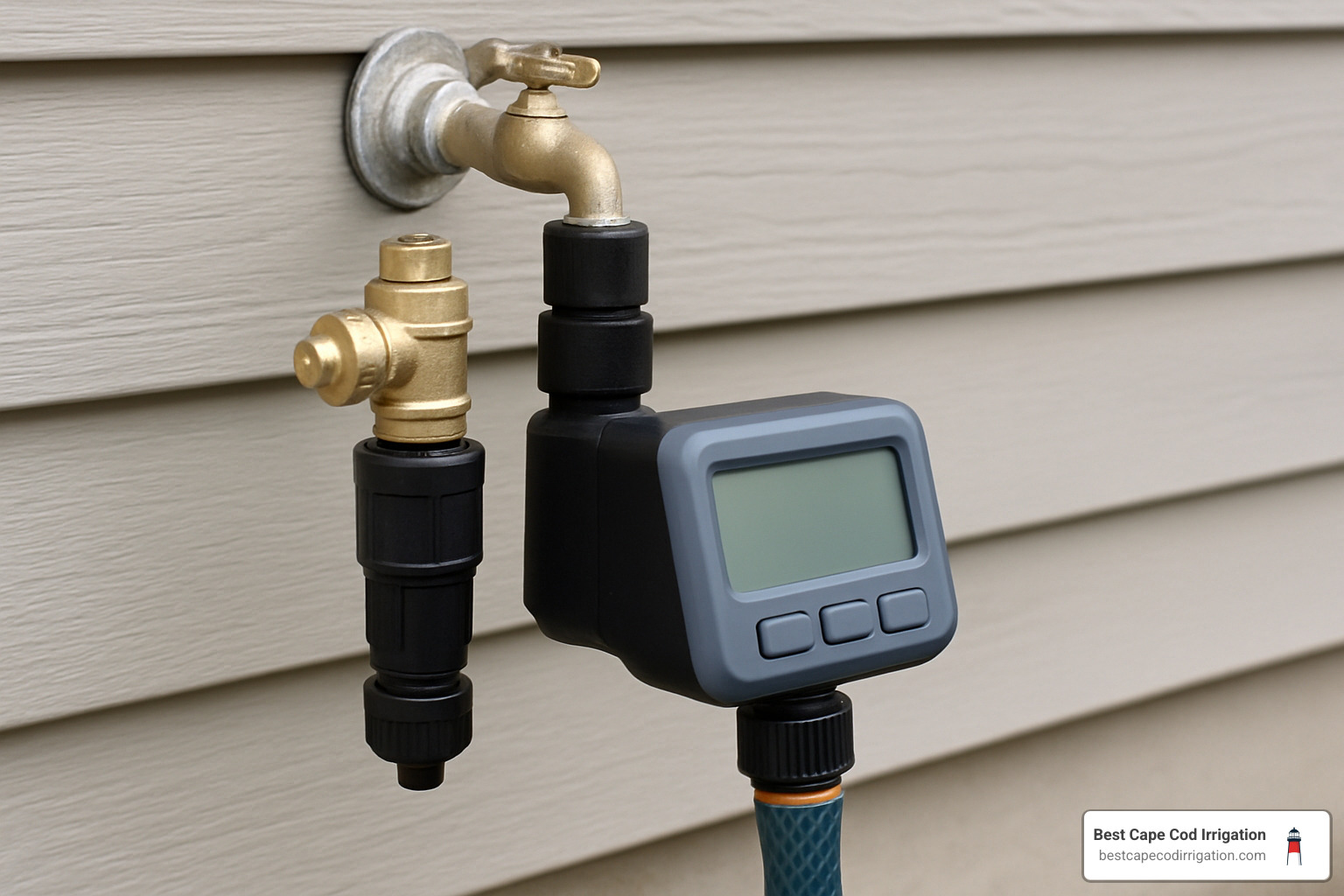 Faucet assembly showing backflow preventer, filter, pressure regulator, and timer - rain bird drip irrigation system installation Faucet assembly showing backflow preventer, filter, pressure regulator, and timer - rain bird drip irrigation system installation