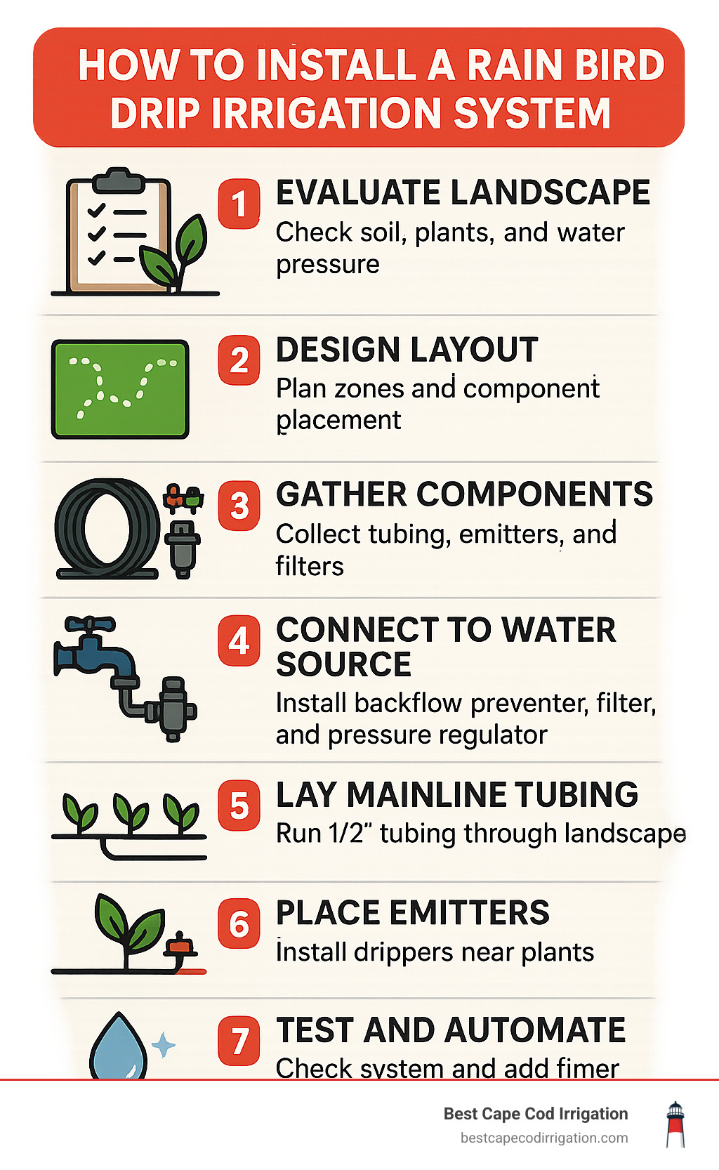 Comprehensive flowchart showing the 7 steps of Rain Bird drip irrigation system installation, including landscape evaluation, system design, component selection, water source connection, tubing layout, emitter placement, and system testing/automation - rain bird drip irrigation system installation infographic Comprehensive flowchart showing the 7 steps of Rain Bird drip irrigation system installation, including landscape evaluation, system design, component selection, water source connection, tubing layout, emitter placement, and system testing/automation - rain bird drip irrigation system installation infographic