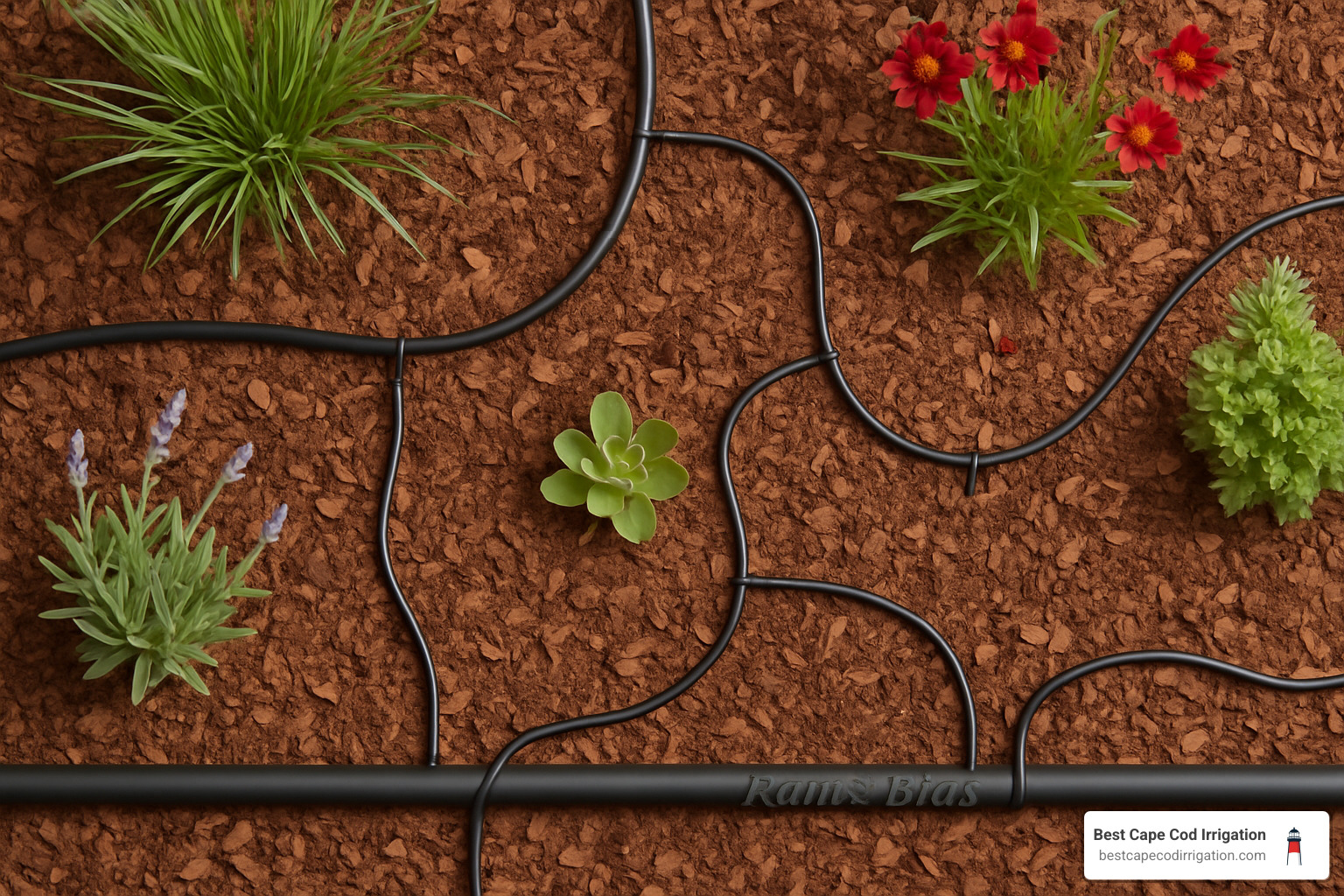 Network of mainline tubing with laterals branching to different planting areas - rain bird drip irrigation system installation Network of mainline tubing with laterals branching to different planting areas - rain bird drip irrigation system installation