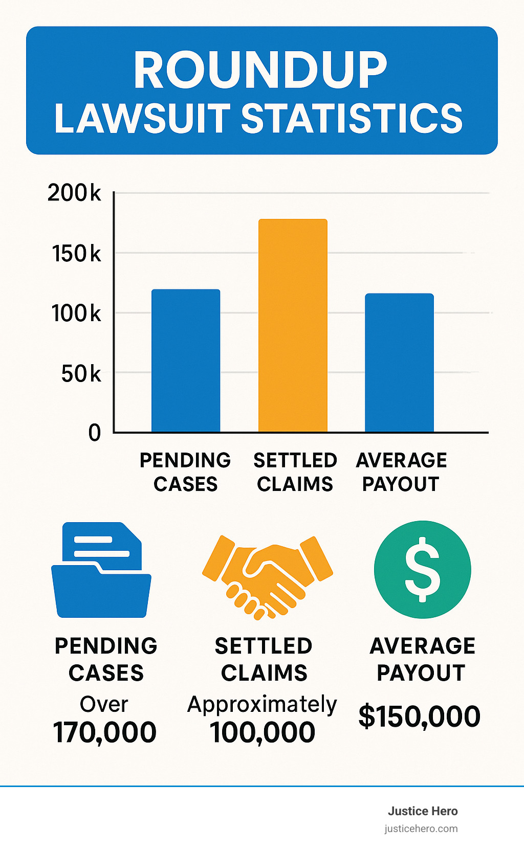 Graph showing Roundup lawsuit statistics with pending cases, settled claims, and average payouts - roundup weed killer lawsuit update infographic Graph showing Roundup lawsuit statistics with pending cases, settled claims, and average payouts - roundup weed killer lawsuit update infographic