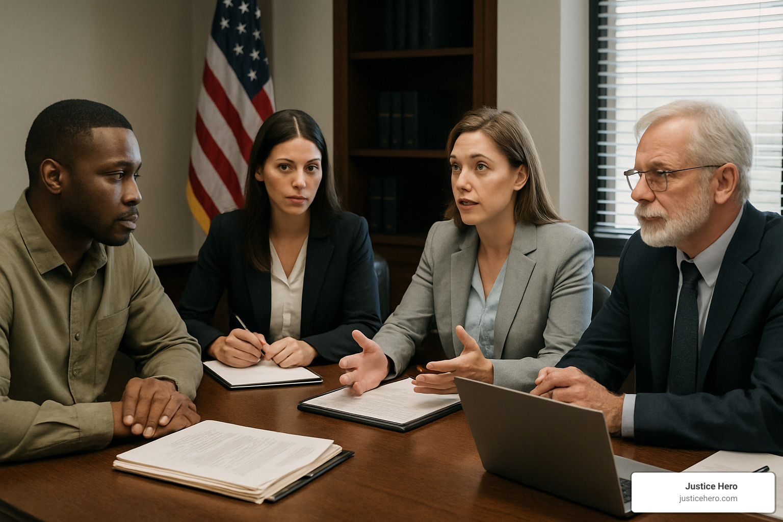 Negotiation table with plaintiff, attorney, insurance adjuster, and mediator discussing settlement - auto accident lawsuit