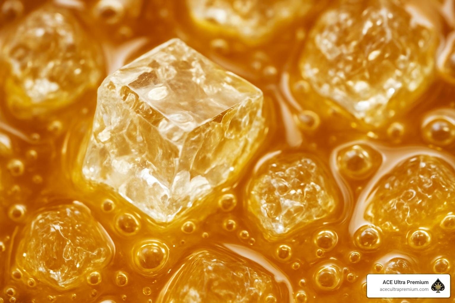 Close-up of Diamond Sauce crystal structure showing THCA diamonds in terpene sauce - ace ultra premium 2g disposable Close-up of Diamond Sauce crystal structure showing THCA diamonds in terpene sauce - ace ultra premium 2g disposable