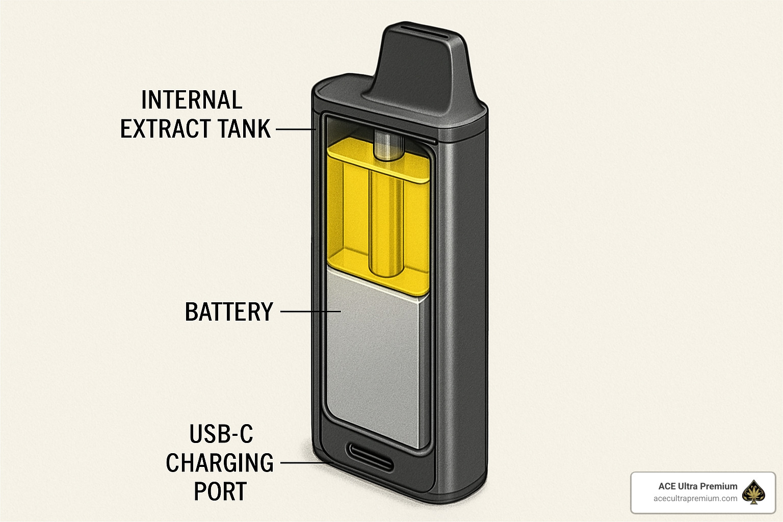 Ace Ultra Premium 2g disposable device cutaway showing large extract tank and USB-C port - ace ultra premium 2g disposable Ace Ultra Premium 2g disposable device cutaway showing large extract tank and USB-C port - ace ultra premium 2g disposable