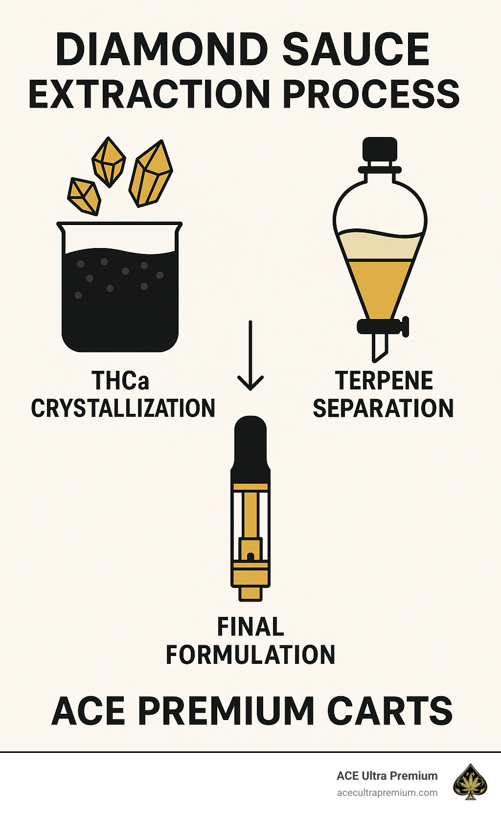 Diamond sauce extraction process showing THCa crystallization, terpene separation, and final formulation for Ace Premium Carts - ace premium cart infographic Diamond sauce extraction process showing THCa crystallization, terpene separation, and final formulation for Ace Premium Carts - ace premium cart infographic
