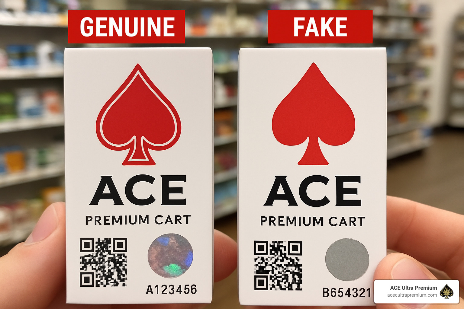 Comparison of genuine vs fake Ace Premium Cart packaging showing security features - ace premium cart Comparison of genuine vs fake Ace Premium Cart packaging showing security features - ace premium cart