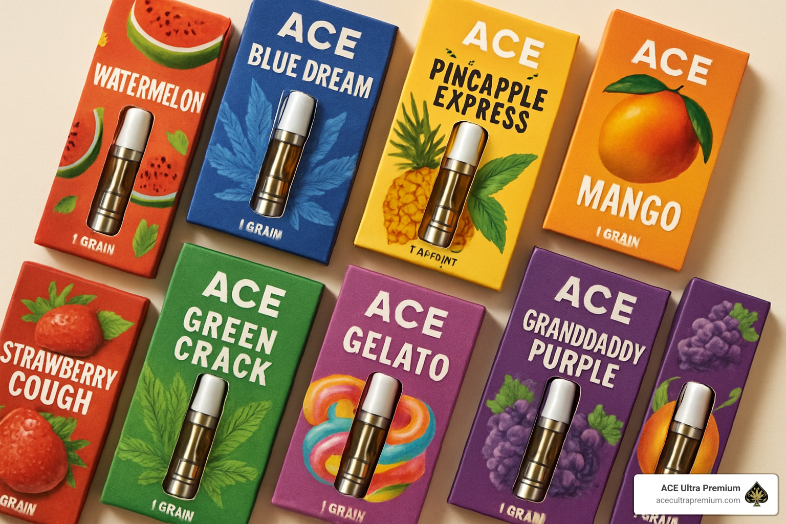 Collage of Ace Premium Cart flavor options and strain varieties - ace premium cart Collage of Ace Premium Cart flavor options and strain varieties - ace premium cart