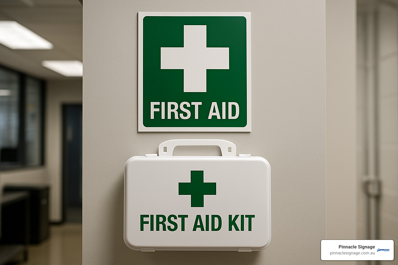 First aid sign properly installed above a first aid kit at eye level - First Aid Signage