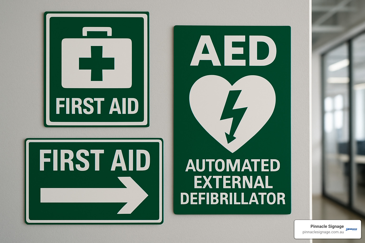Various types of first aid signage including kit location, directional, and AED signs - First Aid Signage