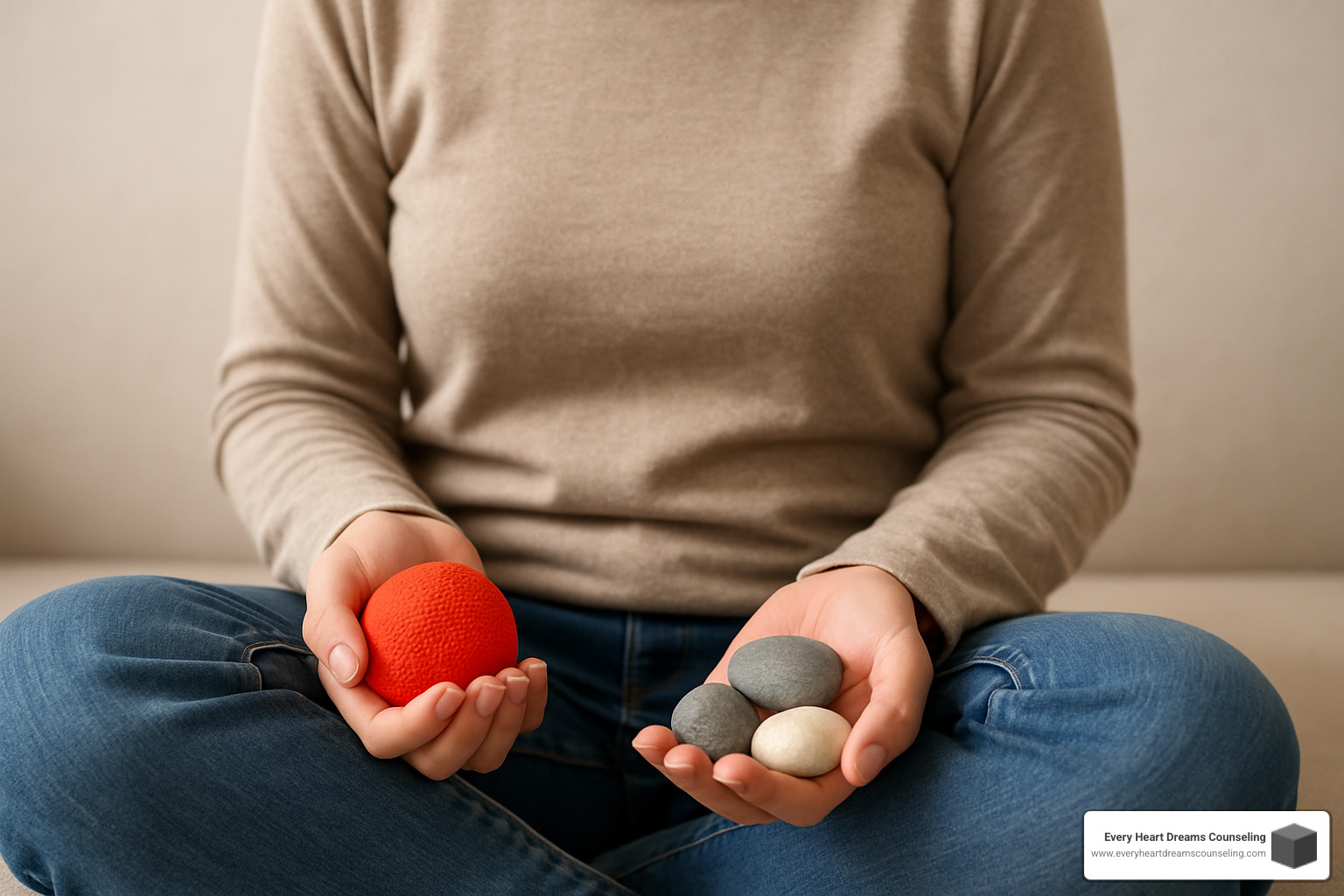 Person holding grounding objects like stones or stress balls - coping strategies for trauma