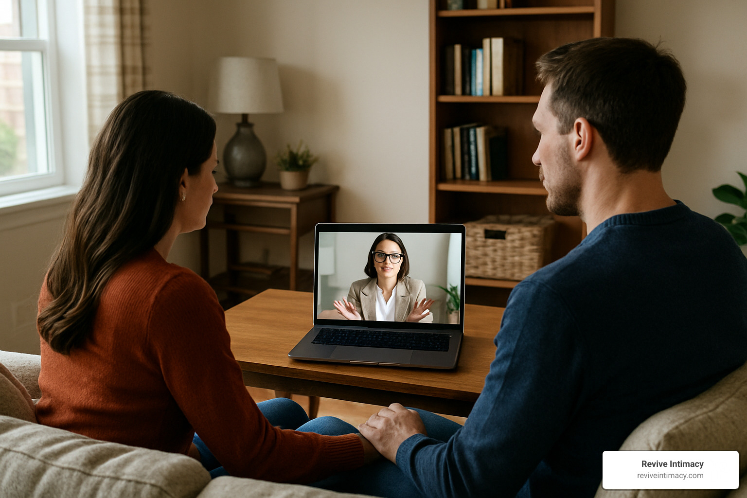 couple having online therapy session at home - marriage counseling in austin