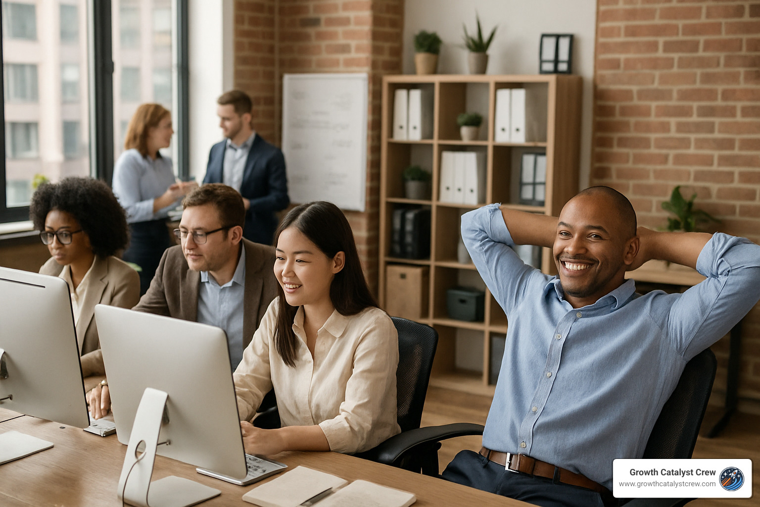 Business owner relaxing while team works with systems in place - books about creating business systems Business owner relaxing while team works with systems in place - books about creating business systems