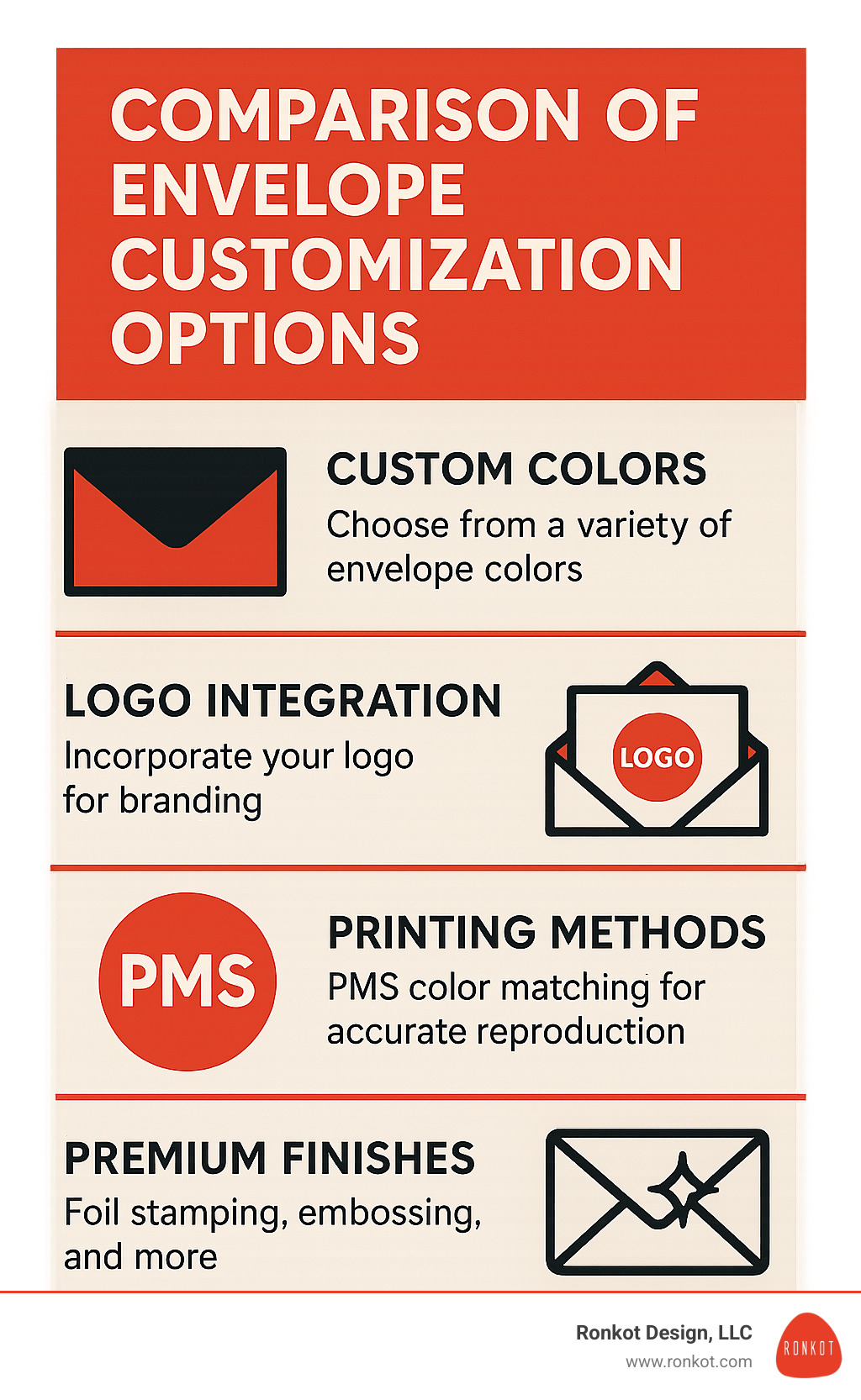 Comparison of different envelope customization options - business envelope printing service in dallas tx infographic Comparison of different envelope customization options - business envelope printing service in dallas tx infographic