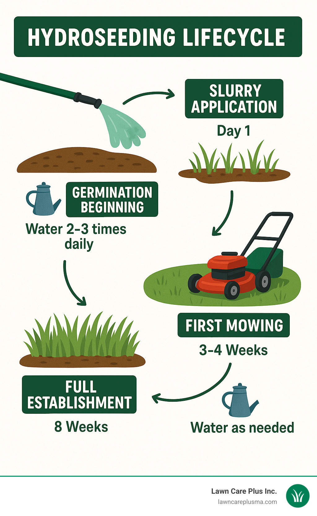 Hydroseeding lifecycle showing the process from application through germination and establishment, including the initial slurry application (day 1), germination beginning (days 5-7), first mowing (3-4 weeks), and full establishment (8 weeks), with maintenance requirements at each stage - hydroseeding infographic 